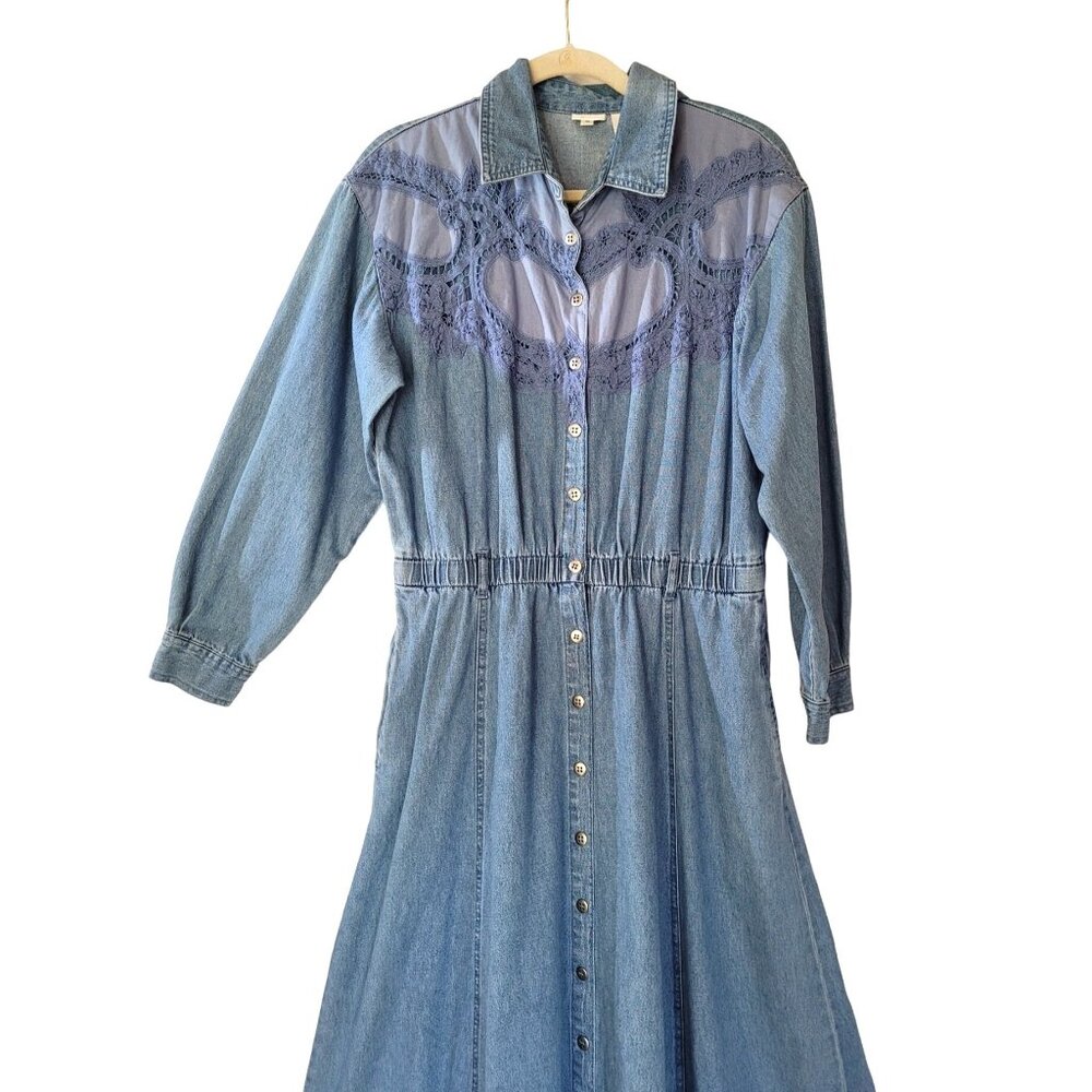 Vtg 80s Cowgirl Dress TOGETHER Denim Button Front Lace Insert Wide Sweep Elastic